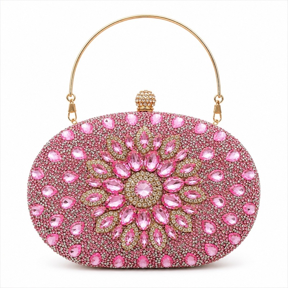 Ramla Pink Ramla Womens Pink Crystal Embellished Clutch Evening Bag Oval NWT